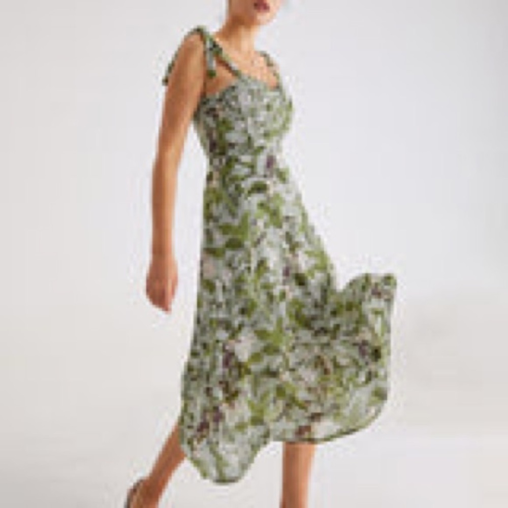 Commense Olive and White Floral Midi Dress